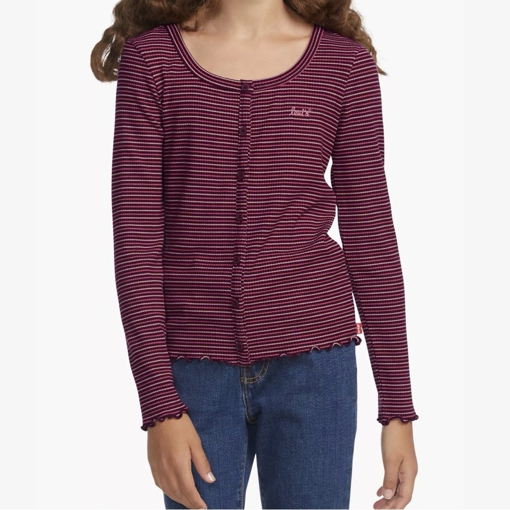 Levi's Girls'  Striped Long Sleeve Ribbed Tee buttoned girls xl